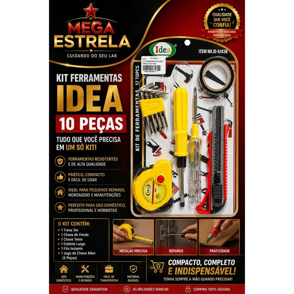 Kit de Ferramentas Idea 10 Peças – Compacto, Completo e Pronto para o Dia a Dia