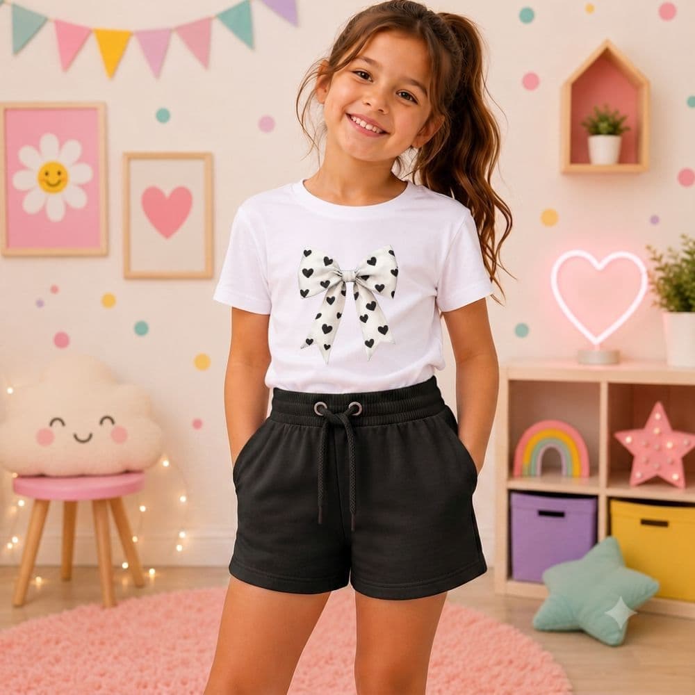 Conjunto infantil e juvenil meninas short moletom e camiseta laço de algodão premium