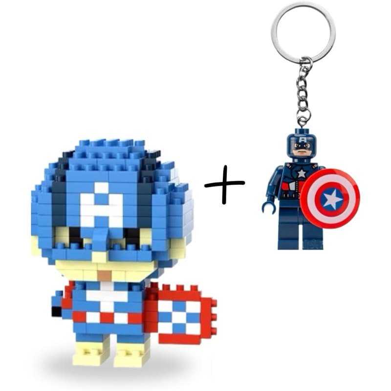 Kit com 1 Mini Bloco de Montar Capitão América + 1 Chaveiro Lego Minifigura Herói Kit Completo Exclusivo