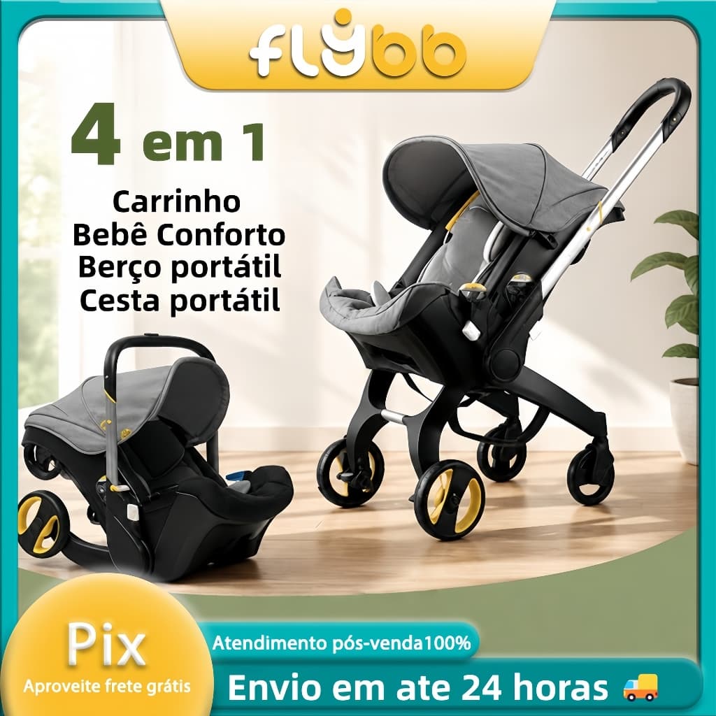 Carrinho de Passeio Bebê 4 em 1 Bebê Conforto Berço Dobra um Clique 0 a 36 Meses