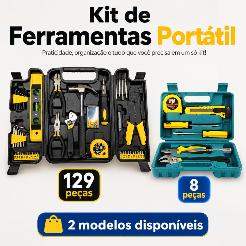 Kit de Ferramentas com Maleta Portátil 8 ou 129 Peças Completo para Reparos Domésticos e Automotivos