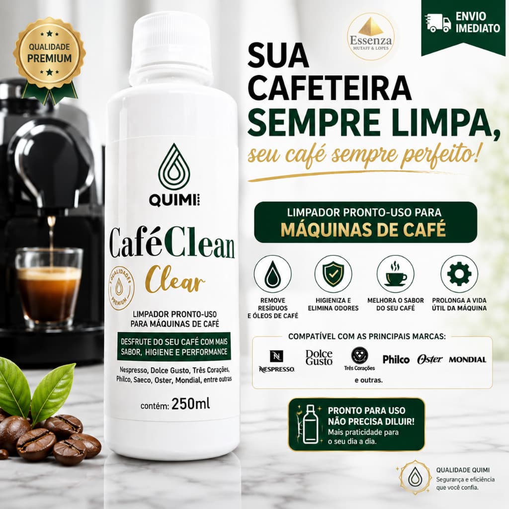 Café Clean Clear 250ml Quimi | Limpador para Cafeteiras de Cápsulas e Expresso | Limpeza Profunda e Mais Sabor - Descalc