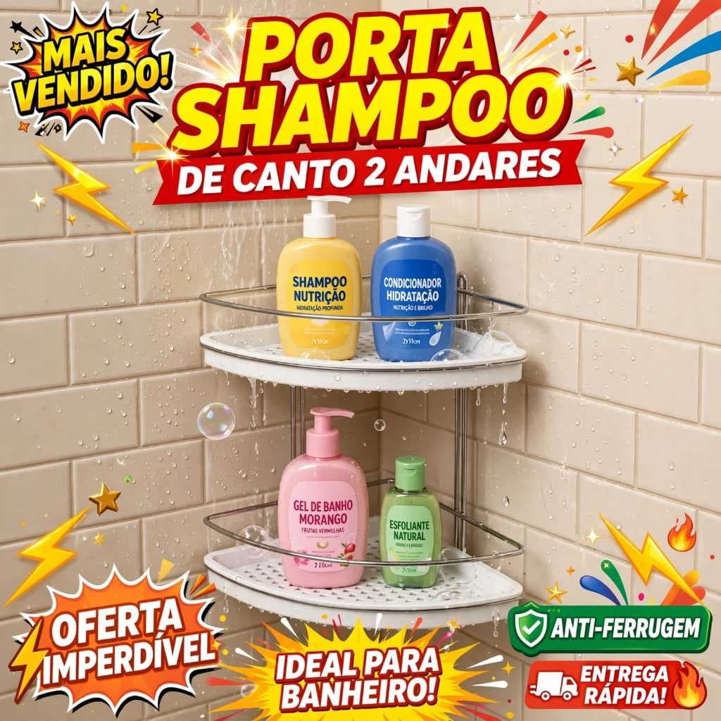 Porta Shampoo Canto Banheiro Box 2 Andares Prateleira Suporte Organizador Aco Cromado Branco Parede Parafuso Stolf