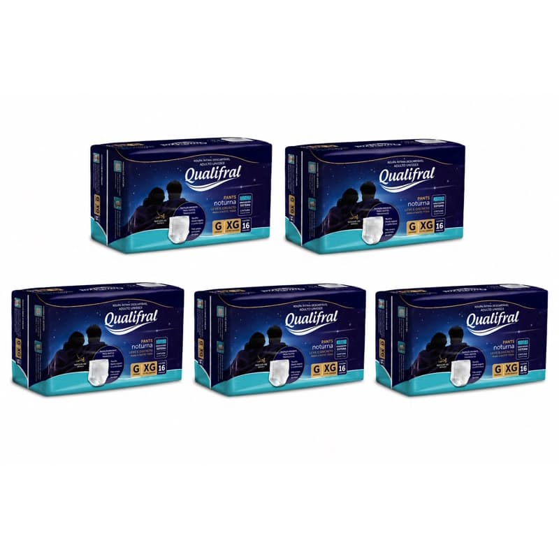 kit com 5 pacotes de fraldas 16 unidades cada Qualifral noturno incotinencia severa calça