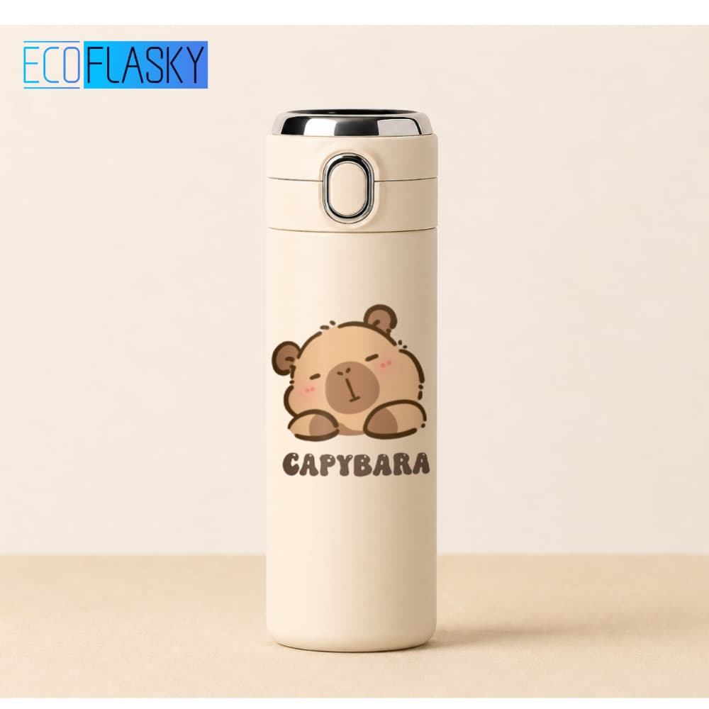 Garrafa Térmica Infantil Aço Inox Capivara Estampada Termometro LED Digital Estampada 420ml