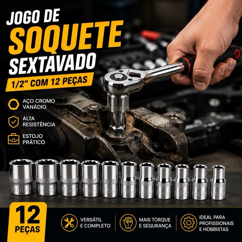 Jogo de Soquete Sextavado 1/2” 12 Peças com Catraca Reversível Aço Cromo Vanádio Kit Chaves Profissional