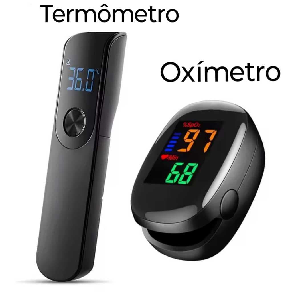Kit Saúde Completo Oxímetro de Dedo + Termômetro Digital Infravermelho Sem Contato LCD Rápido e Preciso