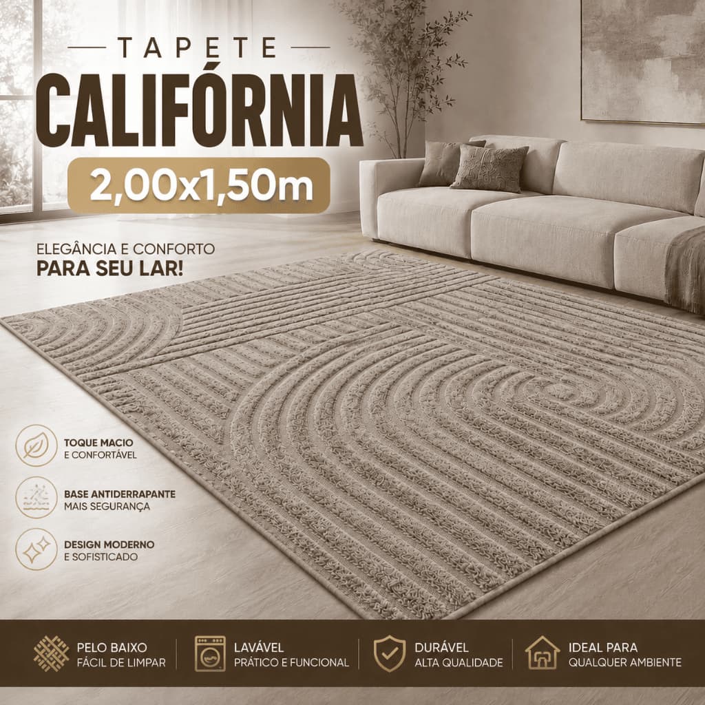Tapete Sala 2,00x1,50m Alto Relevo Moderno Premium Macio Antiderrapante Quarto Decorativo California