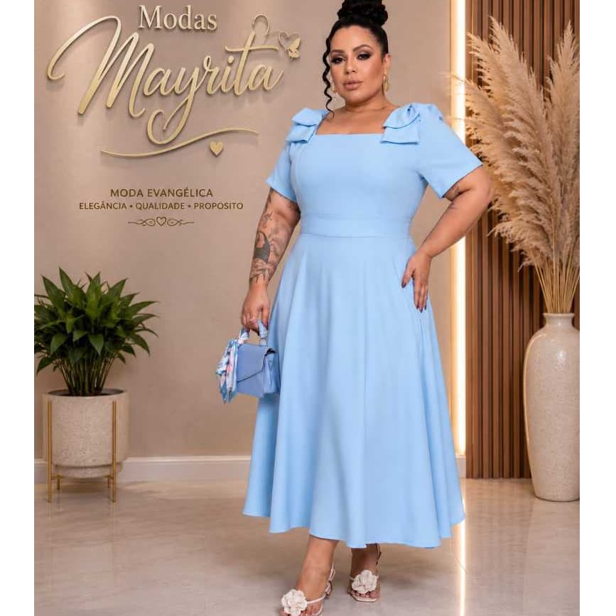 Vestido Midi Feminino Slim au Pluz Zize de laço Nu Ombro Moda Evangélica Elegante