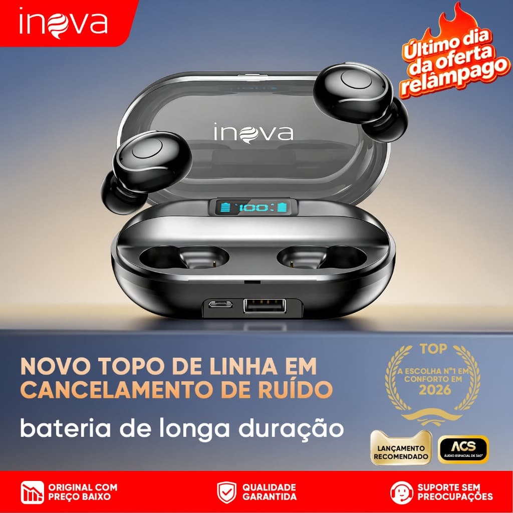INOVA Fone de Ouvido Bluetooth 5.3 Cancelamento de Ruído 35H Bateria IPX6 Driver 13mm