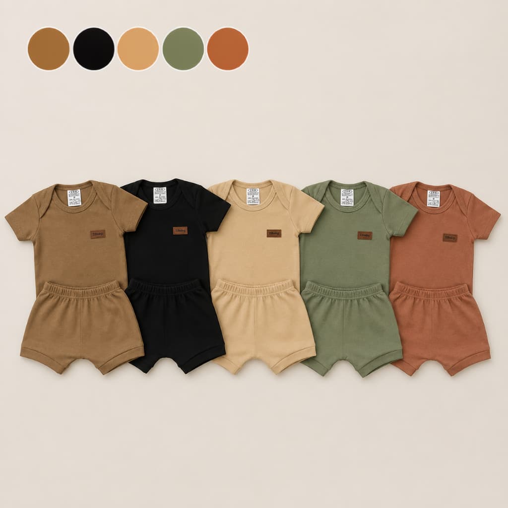Conjunto Bebê Menino Menina Body 100% Algodão Shorts Kit 2 Peças Roupa Unissex 5 Cores Verão RN Bory Bebe