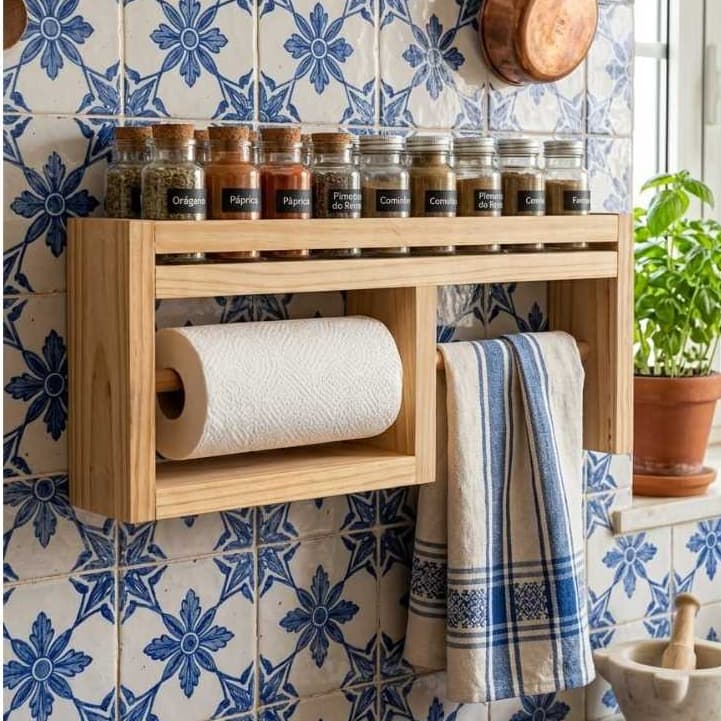 Suporte Porta tempero parede madeira cozinha suporte prateleira papel toalha
