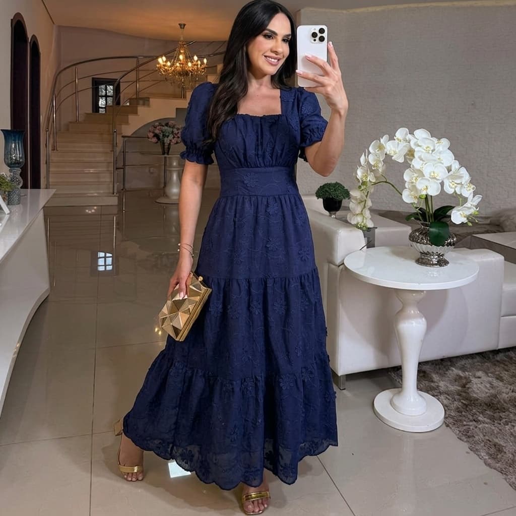 Vestido Midi Feminino Lese 100% Algodão Bordado Manga Bufante Elegante Moda Evangélica