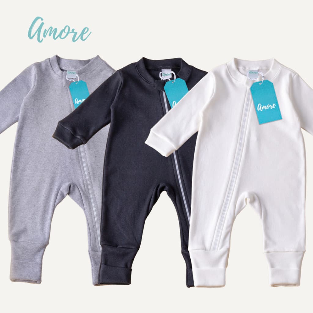 Kit 3 Macacão Bebê Amore Vira Pé com Zíper Minimalista Menino Menina Unissex RN ao GG 100% Algodão