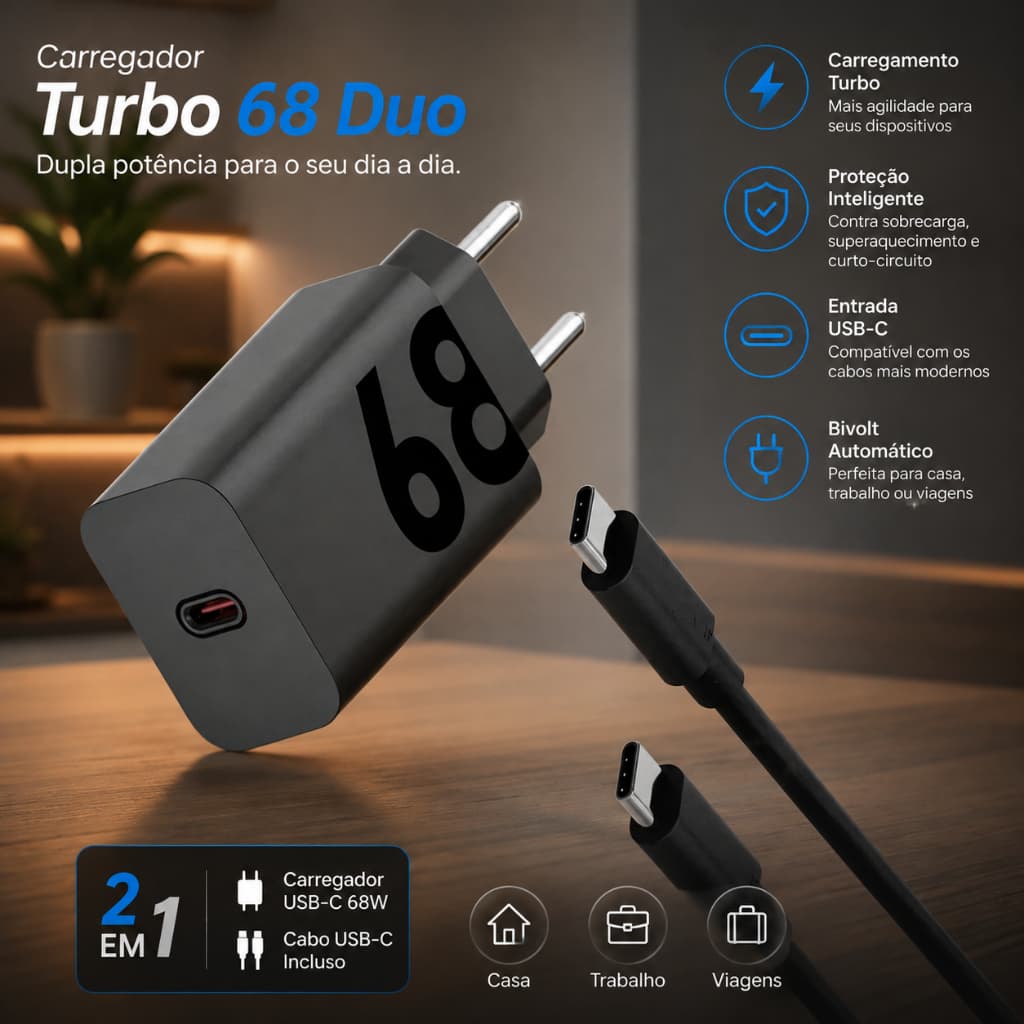 KIT Carregador 68W E 125W Turbo UBS - C Tipo C Carga Rápida Fonte e Cabo Compatível Com Celular Android