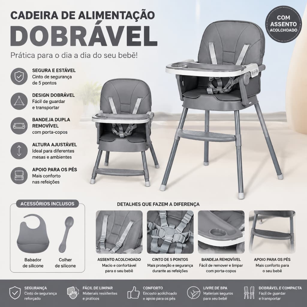 **Cadeira de Alimentação para Bebê Dobrável 5 Pontos, Bandeja Removível, Altura Ajustável e Assento Acolchoado**