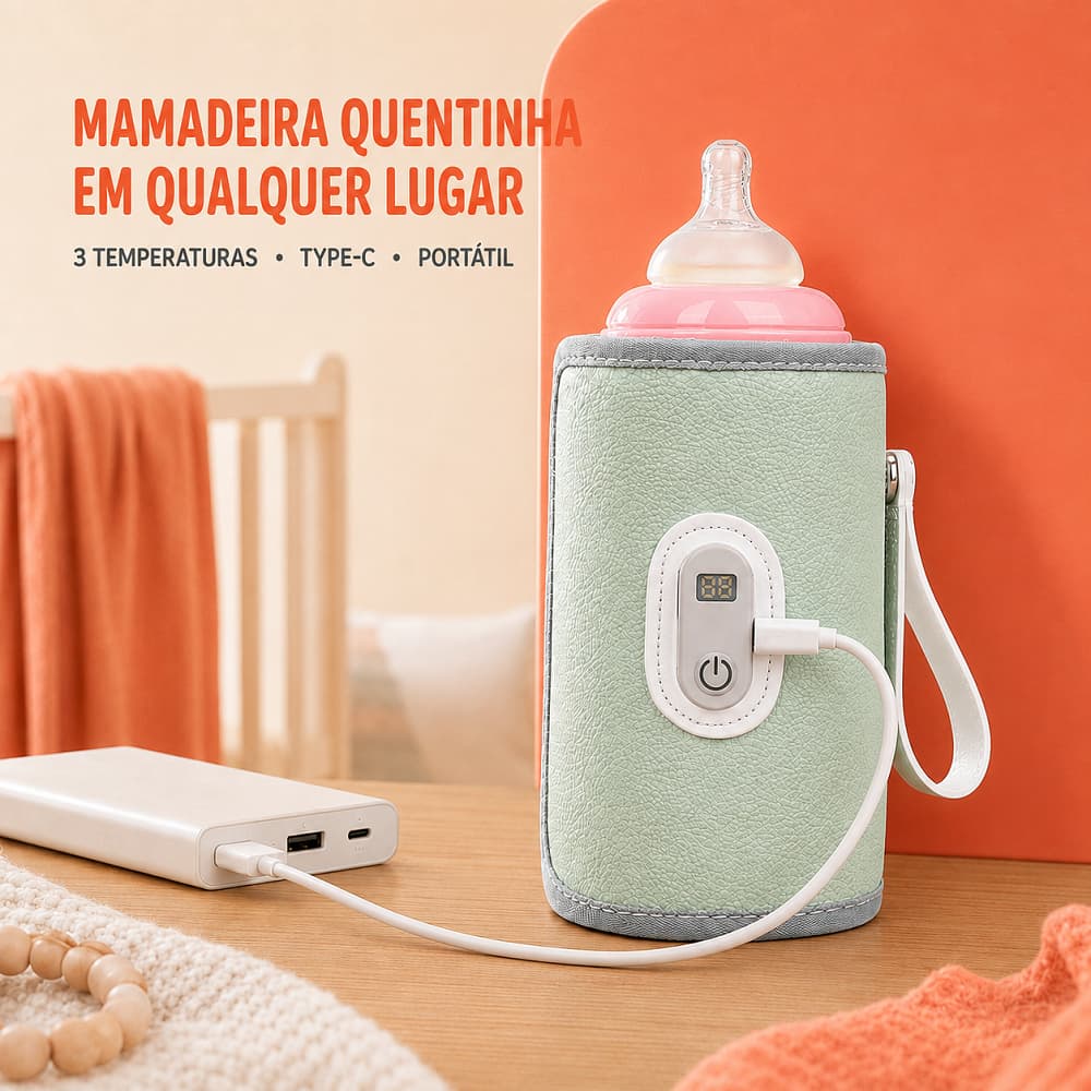 Aquecedor de Mamadeira Portátil USB Type-C 3 Temperaturas Capa Térmica para Leite do Bebê