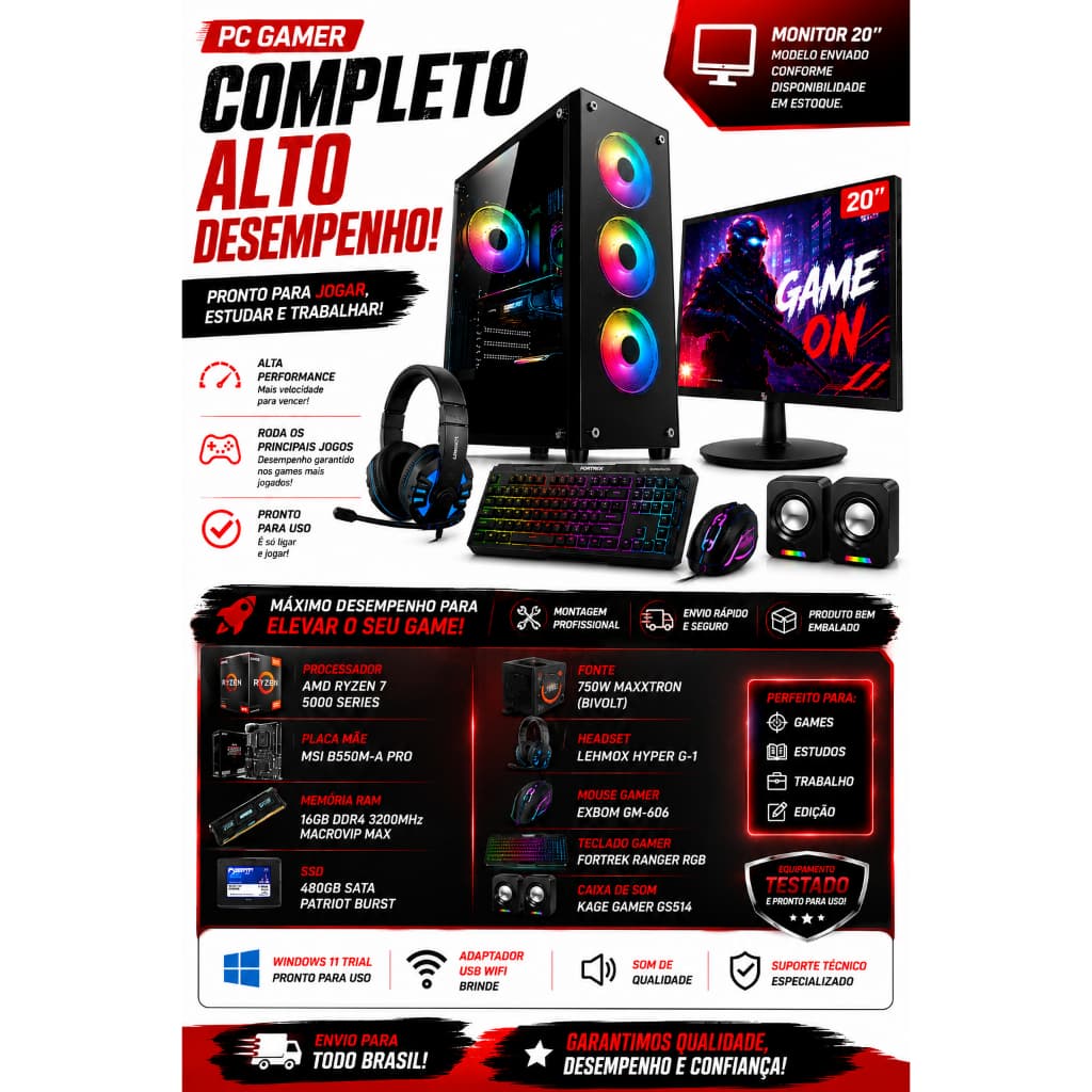 PC COMPLETO AMD RYZEN 7 5700G B550M-A MSI FONTE 750W SSD 480GB MONITOR 20 - KIT GAMER: TECLADO, MOUSE E CAIXINHA DE SOM