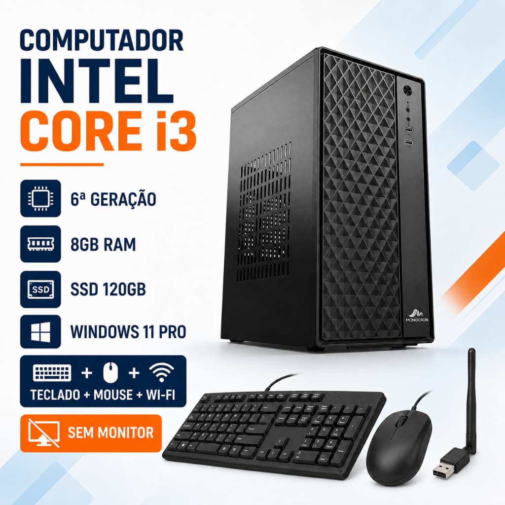 Computador Intel Core i3 6ª Geração 8GB DDR4 SSD 120GB Wi-Fi Windows 11 Pro + Kit