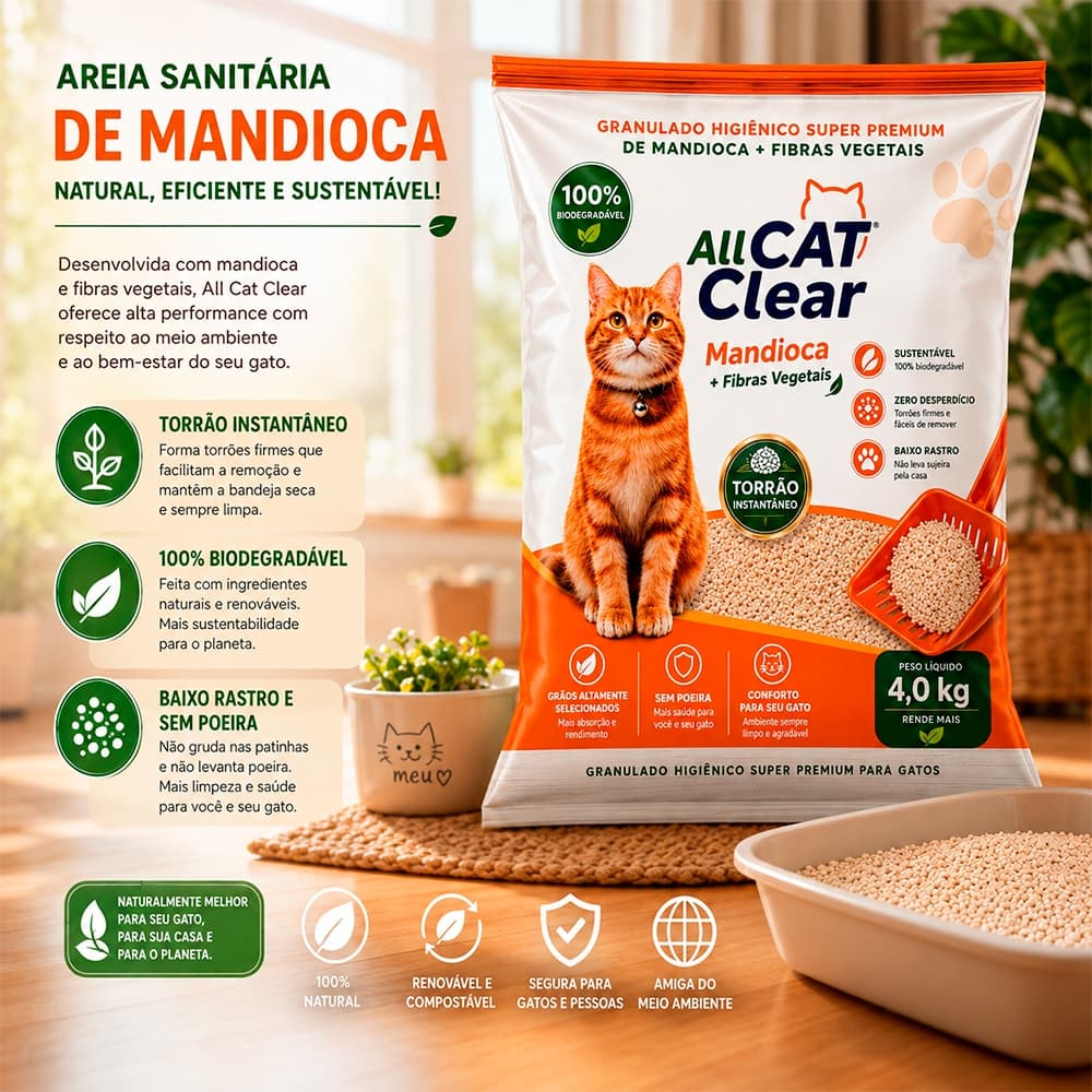 Areia Sanitária de Gato All Cat Clear Mandioca 2KG Granulado Biodegradável Alta Absorção Anti Odor