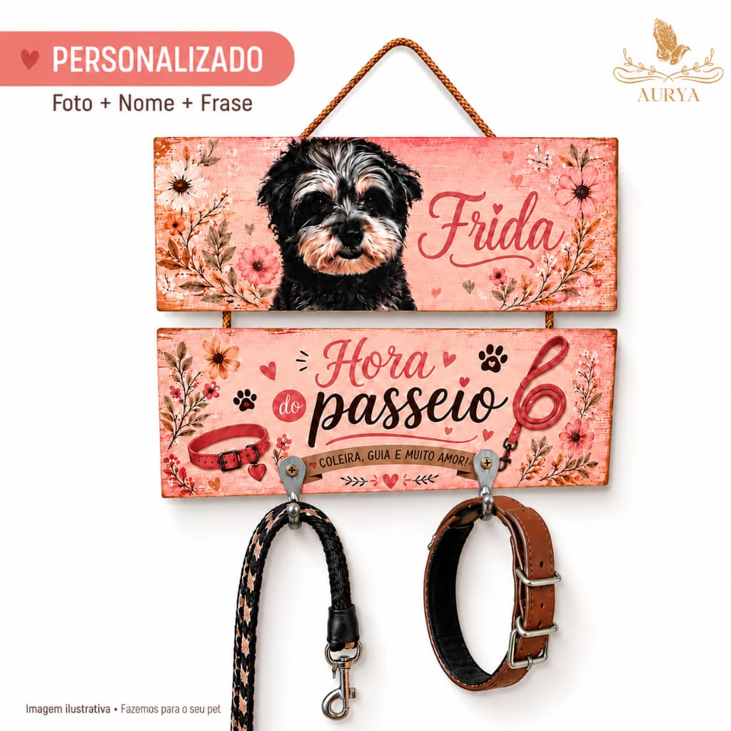 Porta Coleira Pet Personalizado com Foto Nome e Frase MDF Para Cachorro Guia Peitoral Parede