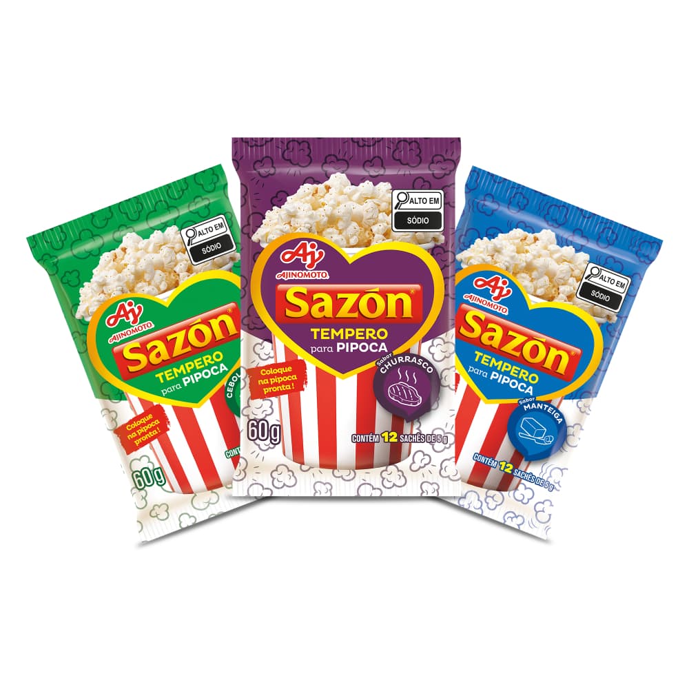 Kit Tempero SAZÓN® para Pipoca Manteiga, Churrasco e Cebola e Salsa - Combinação de Sabores para Sessões de Cinema