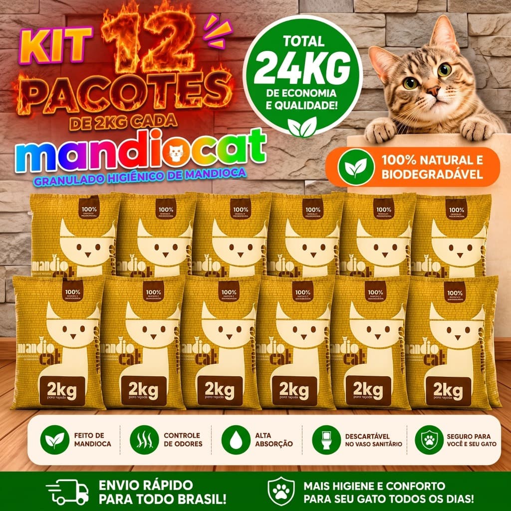 Kit 12 Areia MandioCat 24kg Higiênica Pet Gato Zero Odor Sanitária 100% Natural - Envio Rápido