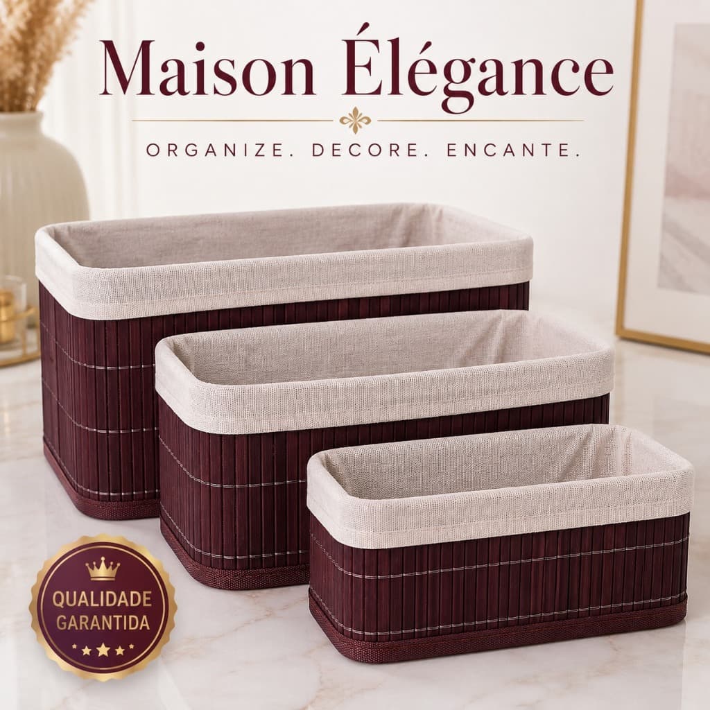 Jogo 3 Cestos Organizadores de Bambu Maison Élégance P M G Vinho para Banheiro Quarto Cozinha Escritório