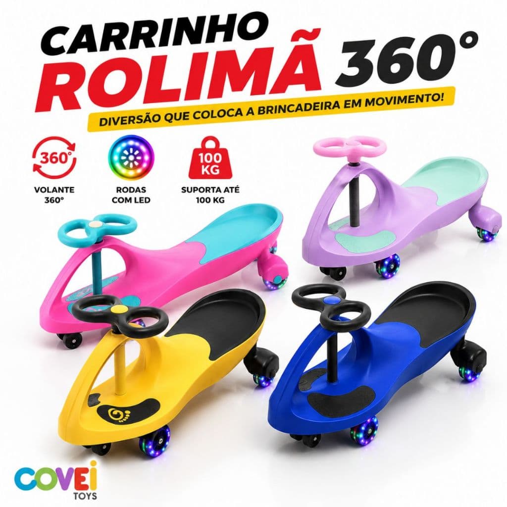 Carrinho Rolimã Até 100kg Com Volante 360° Rodas LED Triciclo Drift Infantil Menino Menina
