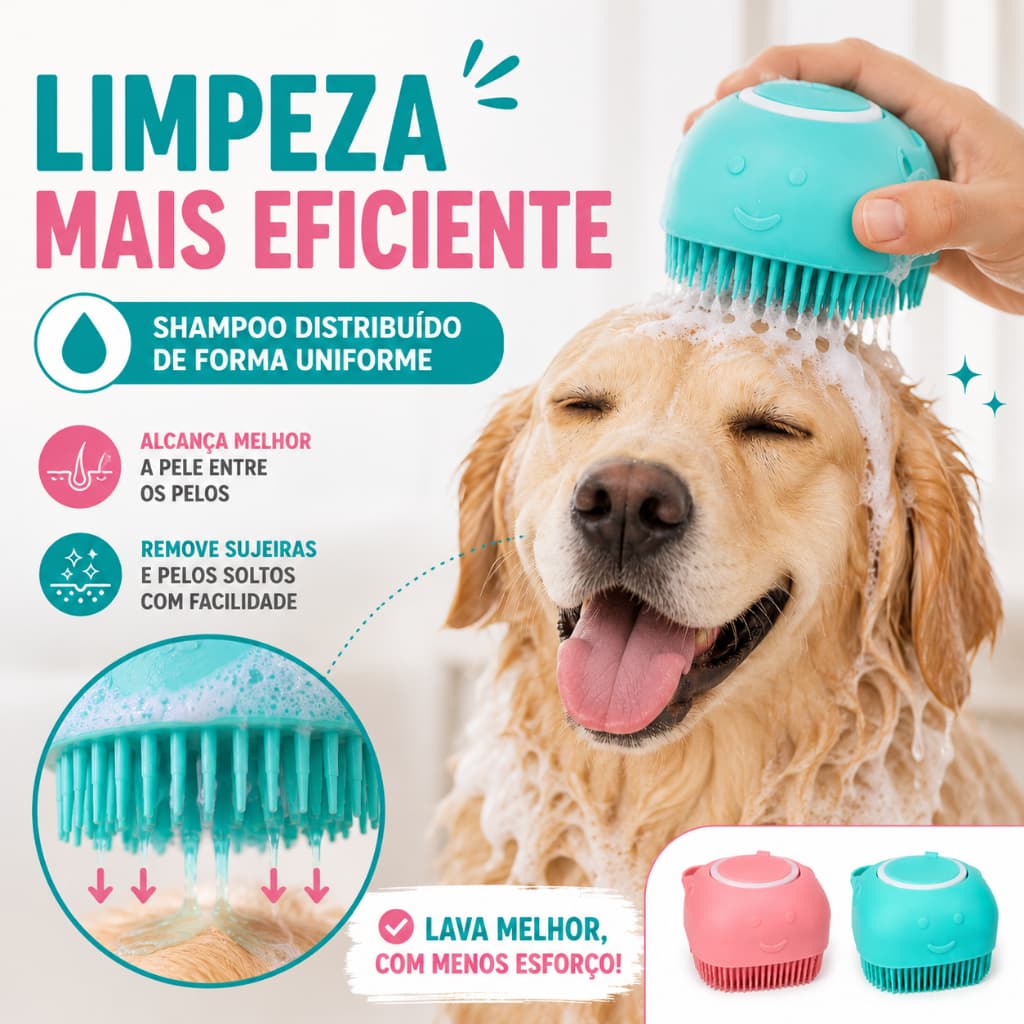 Escova Banho Pet Com Reservatório Silicone Rosa Ou Verde para Shampoo Liberação Gradual Cerdas Macias Massageia Pet Banh