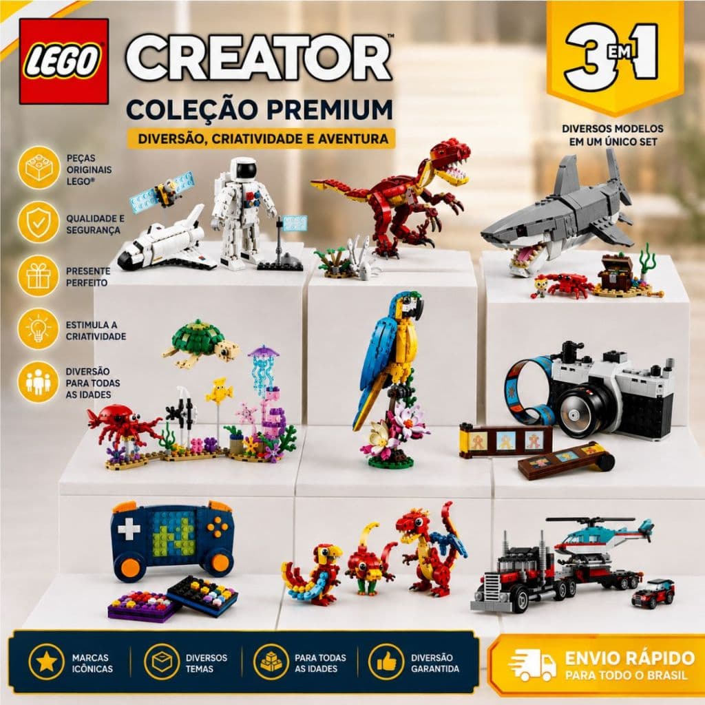 LEGO Creator 3 em 1 Brinquedo de Montar Várias Opções Dinossauro Tubarão Animais Veículos