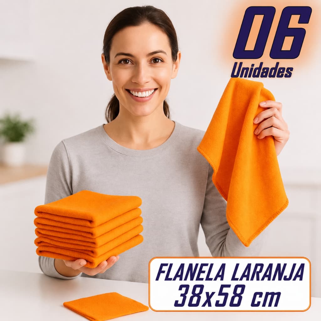 Kit 6 Flanelas Laranja Grandes 38x58cm Multiuso para Limpeza Casa Carro Móveis