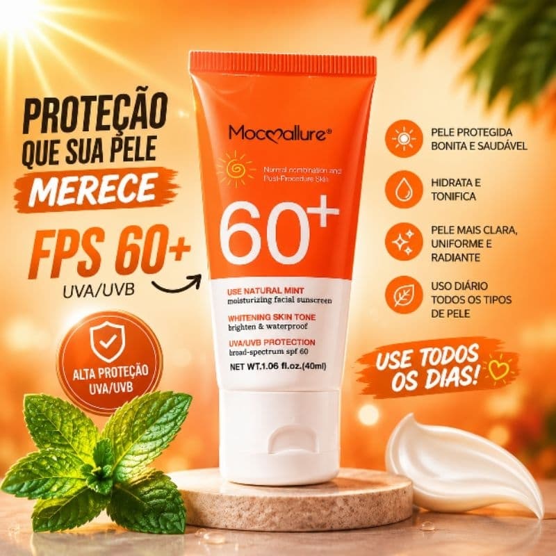 Protetor Solar Facial Clareador e Hidratante FPS 60+ UVA/UVB Mocallure Resistente à Água