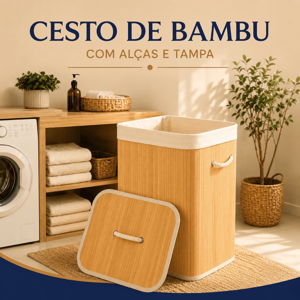 Cesto de Bambu com Tampa e Alças – Organizador de Roupas e Objetos Quarto e Banheiro - Cesto de Roupas