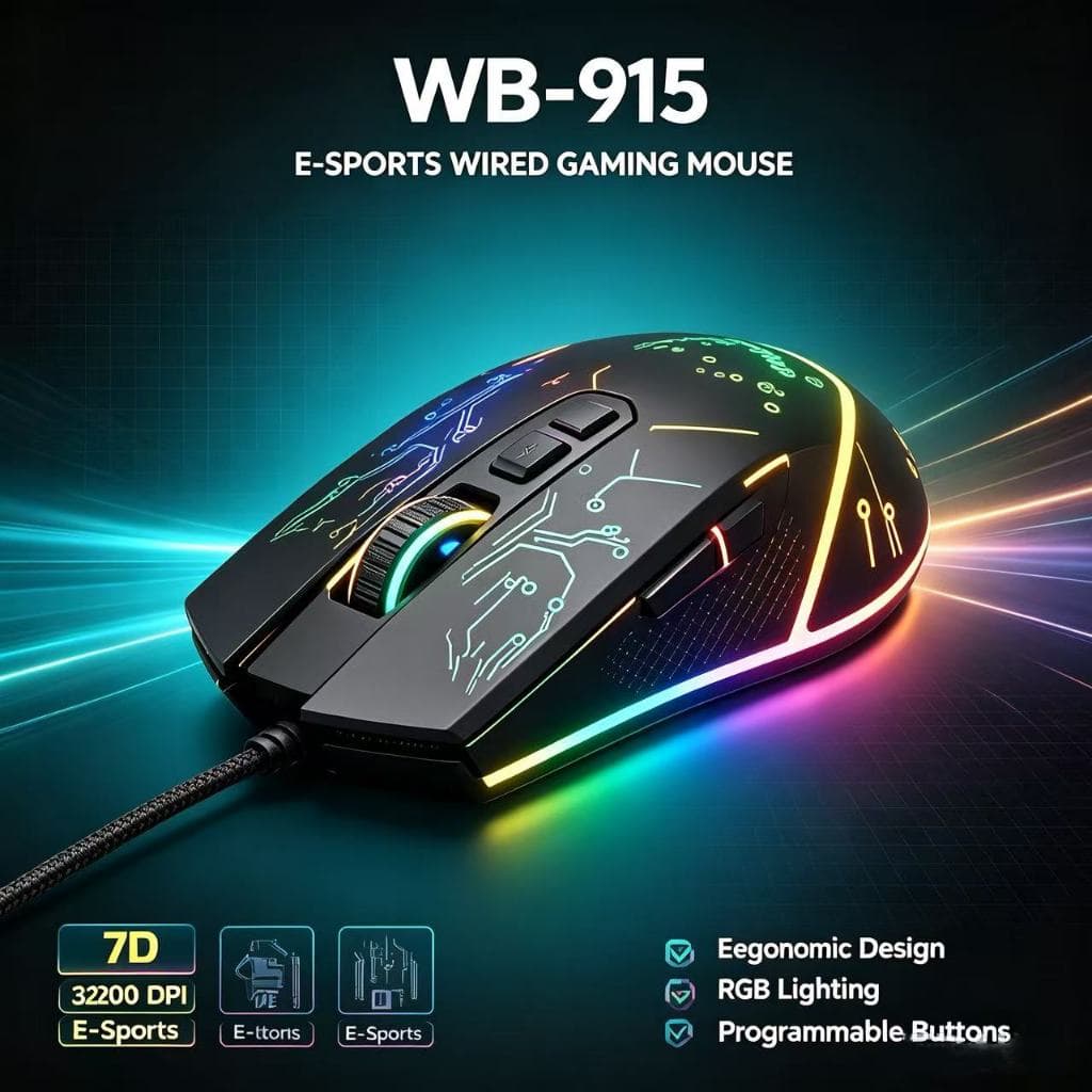 Mouse Gamer com Fio WB‑915 RGB 7 Botões Programáveis 3200 DPI Ajustável Ergonômico para Notebook PC Jogos