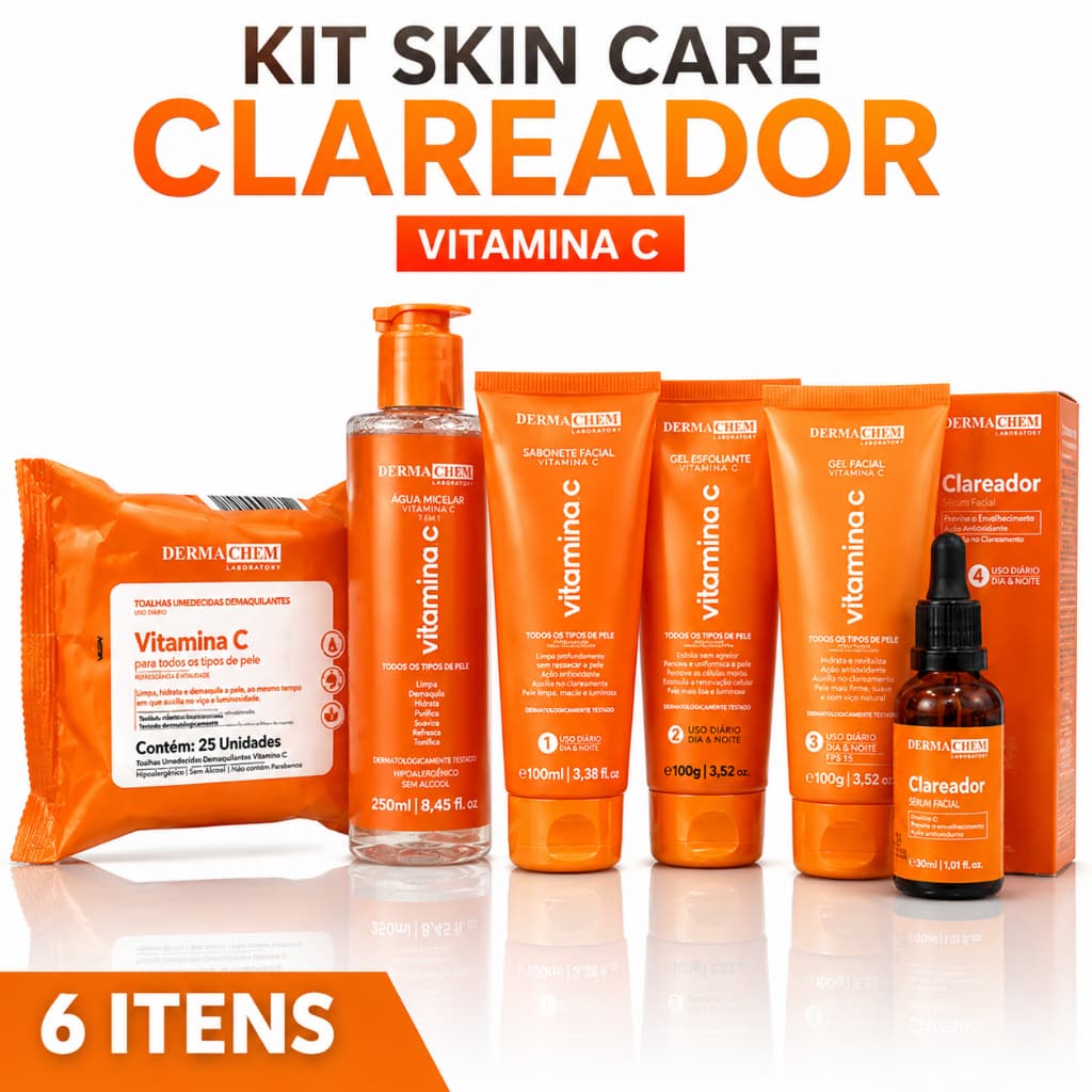Kit Skincare Clareador Vitamina C Dermachem 6 Itens Água Micelar + Sérum + Gel Esfoliante + Sabonete + Gel + Lenço