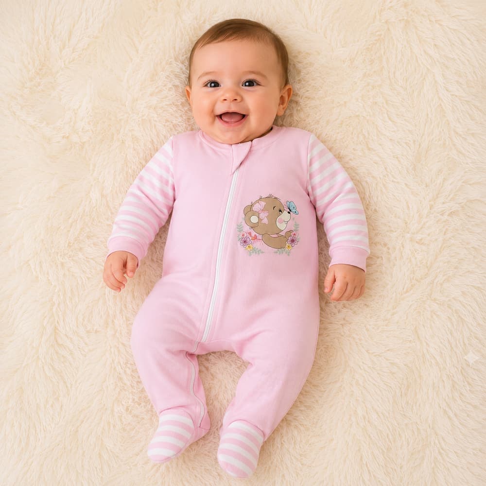 Macacão Bebe Menina DTF Estampado Ursinha Frufru Macacão 100%Algodão com Zíper Garantindo o Conforto