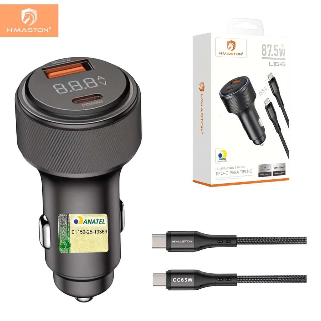 Carregador Veicular HMASTON Turbo 87,5W USB-C Tipo C USB-A Carro Carga Rápida - ENVIO IMEDIATO