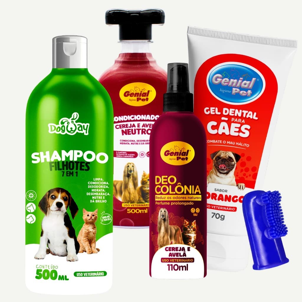 Shampoo Condicionador Filhotes Perfume Escova e Gel Dental Banho e Tosa para Cachorro e Gatos Genial Pet