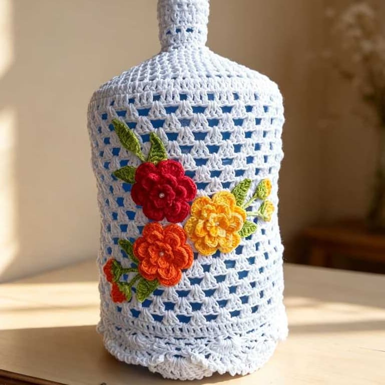 Capa De Galão De Água Invertido de Crochê 10L E 20L Em Barbante Com Flores Artesanal