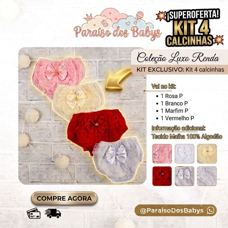 KIT C/4 CALCINHAS BUNDA RICA TAPA FRALDA BEBÊ MENINA