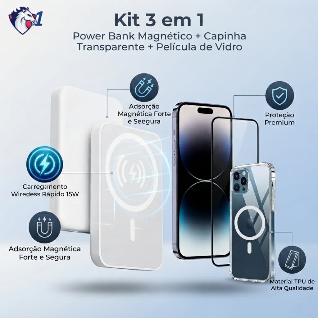 Kit 3 em 1 Power Bank Magnético + Capinha Transparente + Película de Vidro Compatível com iPhone