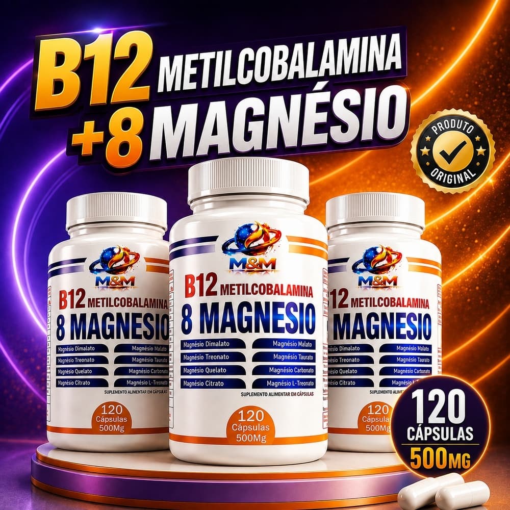 Vitamina B12 Metilcobalamina + Complexo 8 Magnésios Sem Glúten 120 CÁPSULAS SUPLEMENTO ALIMENTAR ORIGINAL 500mg