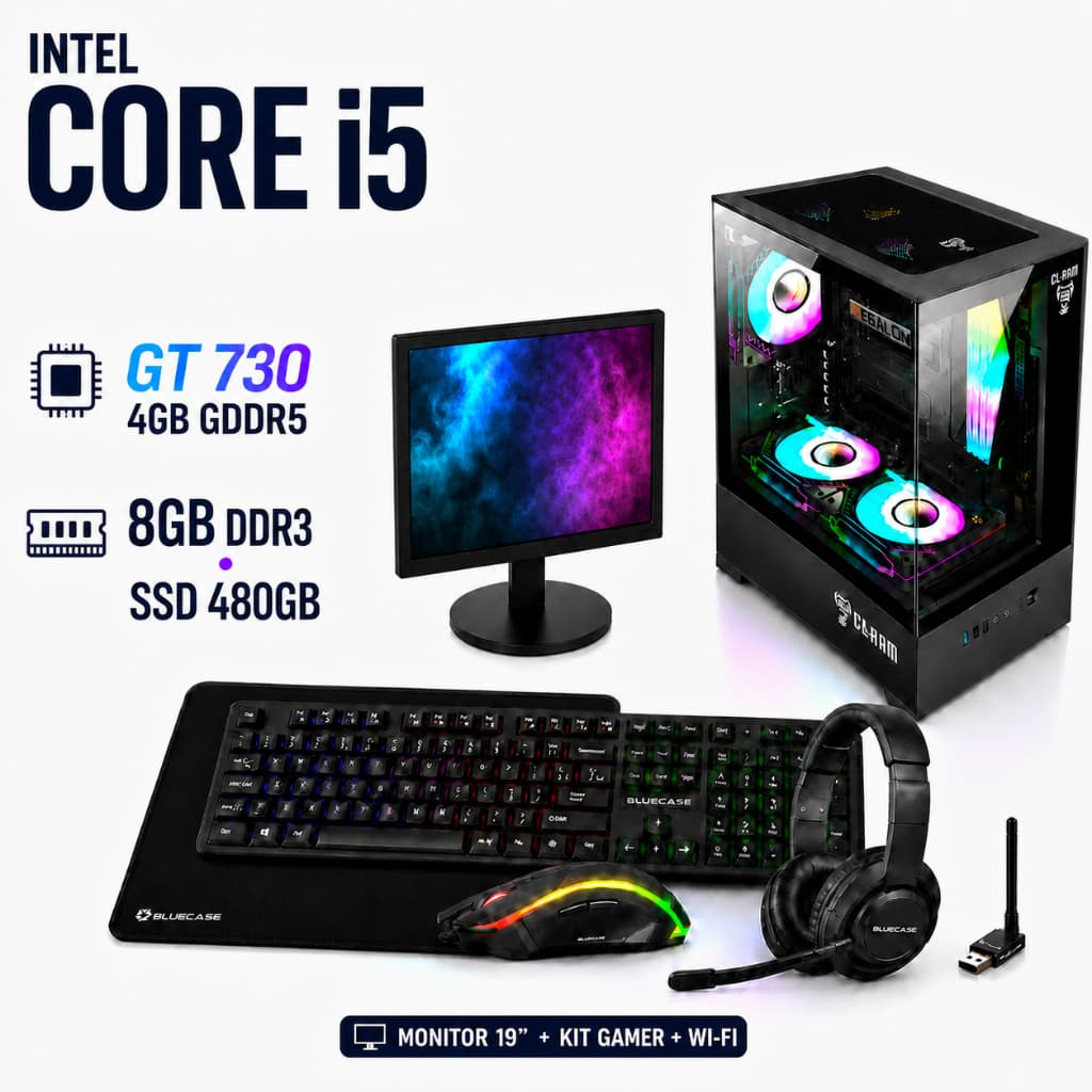 CPU Gamer Intel Core i5 2ª ou 3ª Geração 8GB DDR3 SSD 480GB GT 730 4GB GDDR5 Monitor 19 Full HD Kit Gamer Wi-Fi