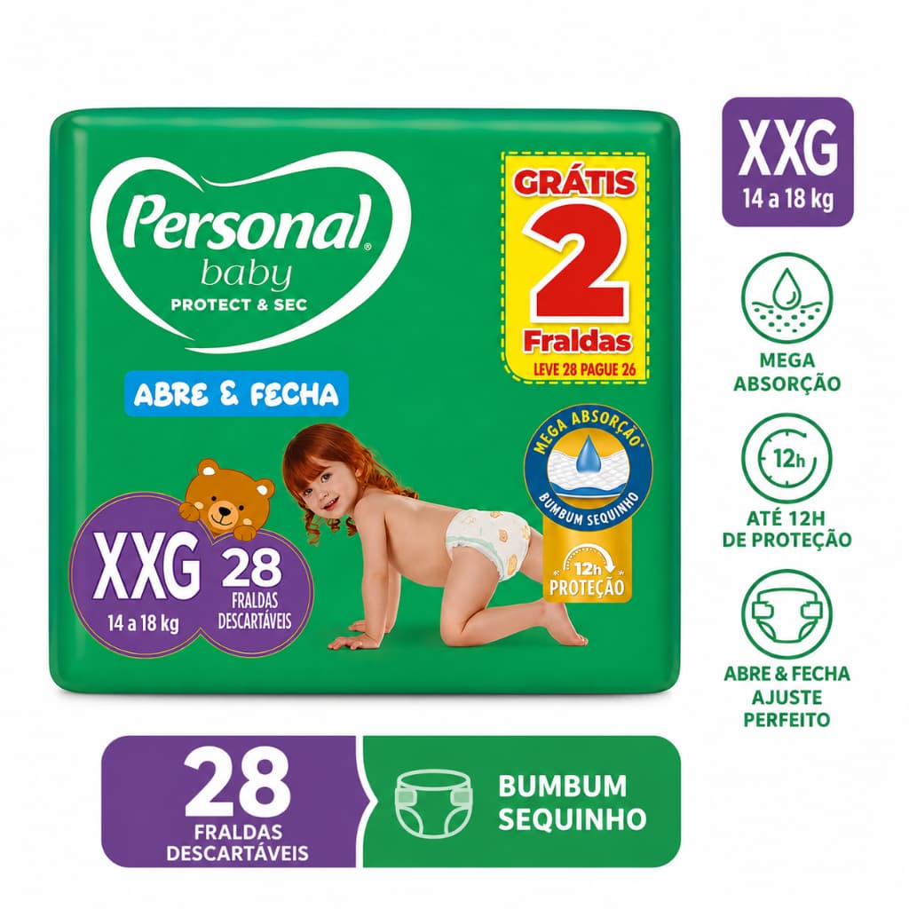 Fralda Personal Baby Protect & Sec XXG 28 Unidades Abre e Fecha Mega Descartáveis Absorção Até 18kg