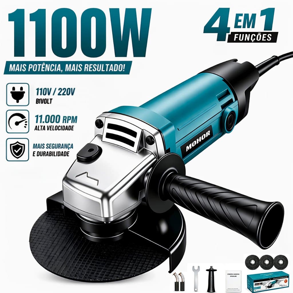 Esmerilhadeira 115mm Lixadeira Angular 1100W Elétrica Sem Fio Bivolt 110v/220v Profissional Multifunções