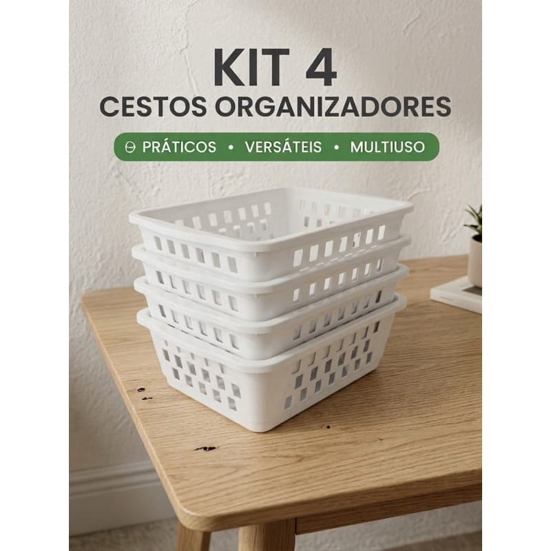 Kit 4 Cestos Organizadores Erca 17x13x7cm Branco Multiuso para Gavetas, Armários e Banheiro