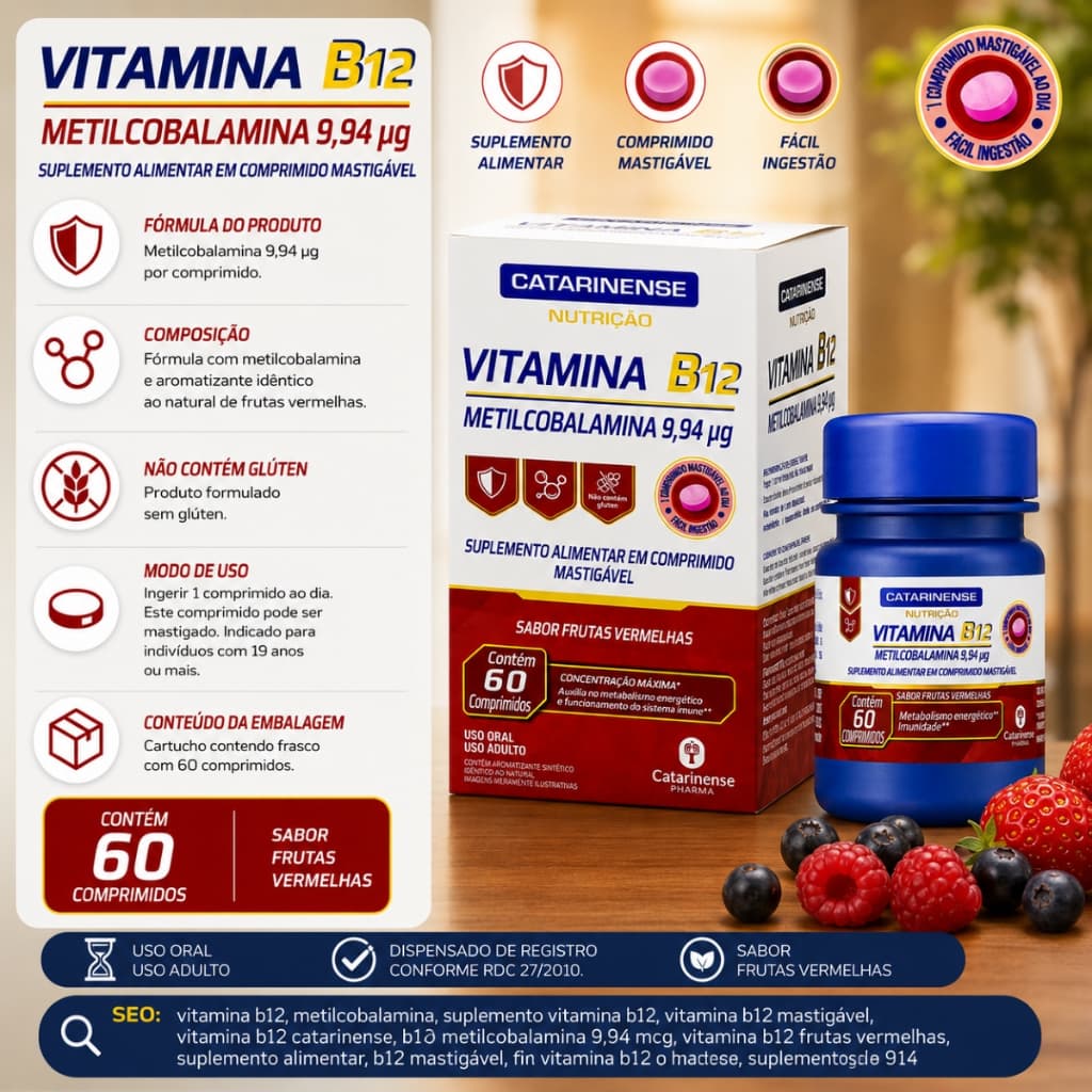 Vitamina B12 Catarinense Frutas Vermelhas 60 Comprimidos