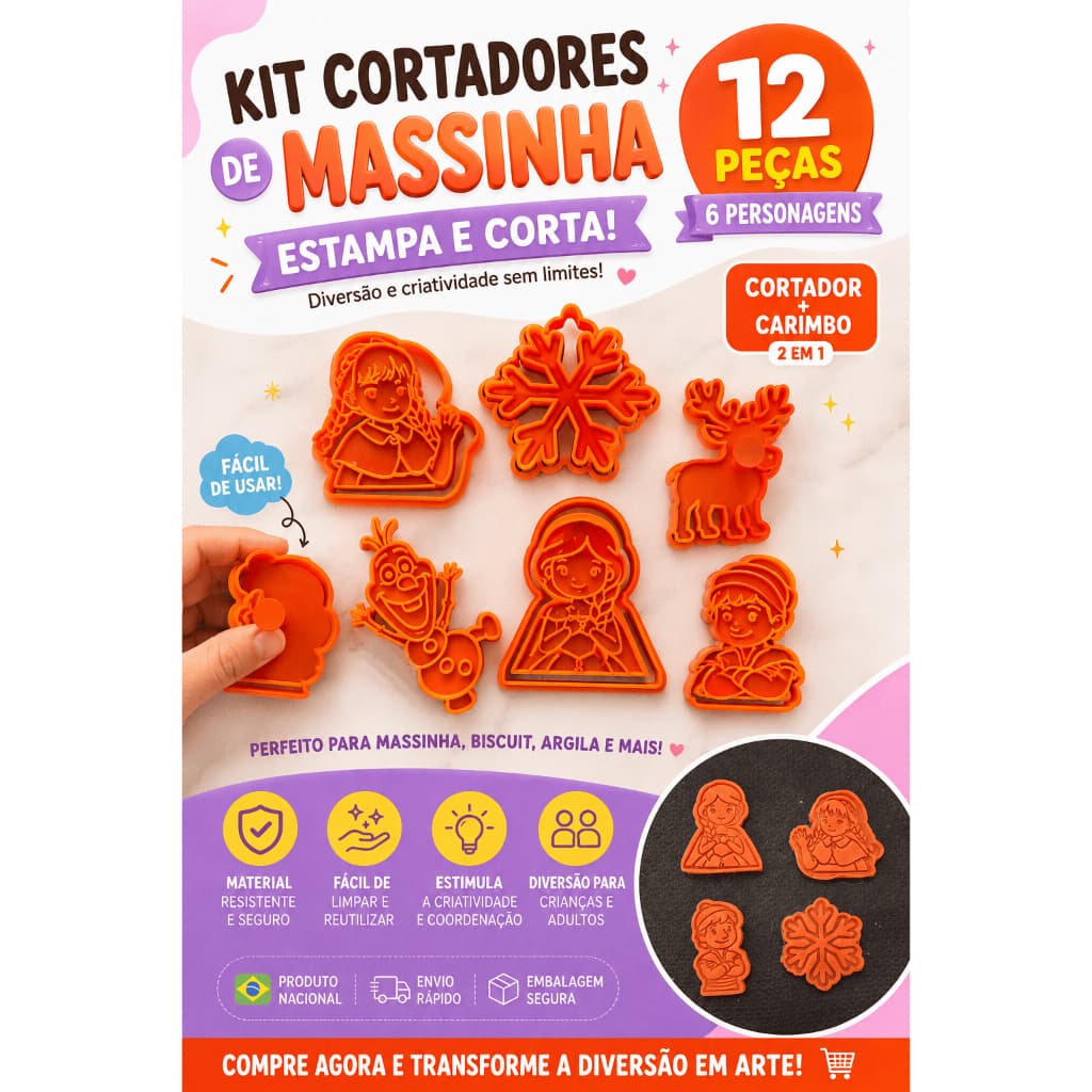 Kit Cortador de Massinha 12 Peças Infantil com Carimbo 6 Personagens – Modelar Biscuit Argila