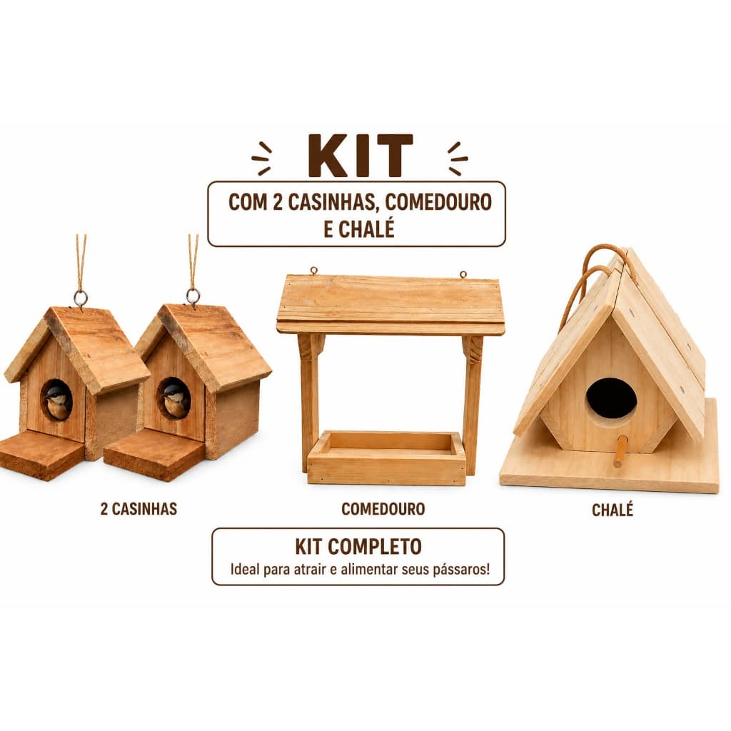 kit 4 peças 1 tratador 2 ninhos casinhas e 1 chale casinha para passaros